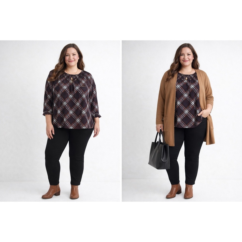 Maurices Women 3X Brown Plaid Smocked Yoke‎ Ruffle Neck Long Sleeve Blouse Top